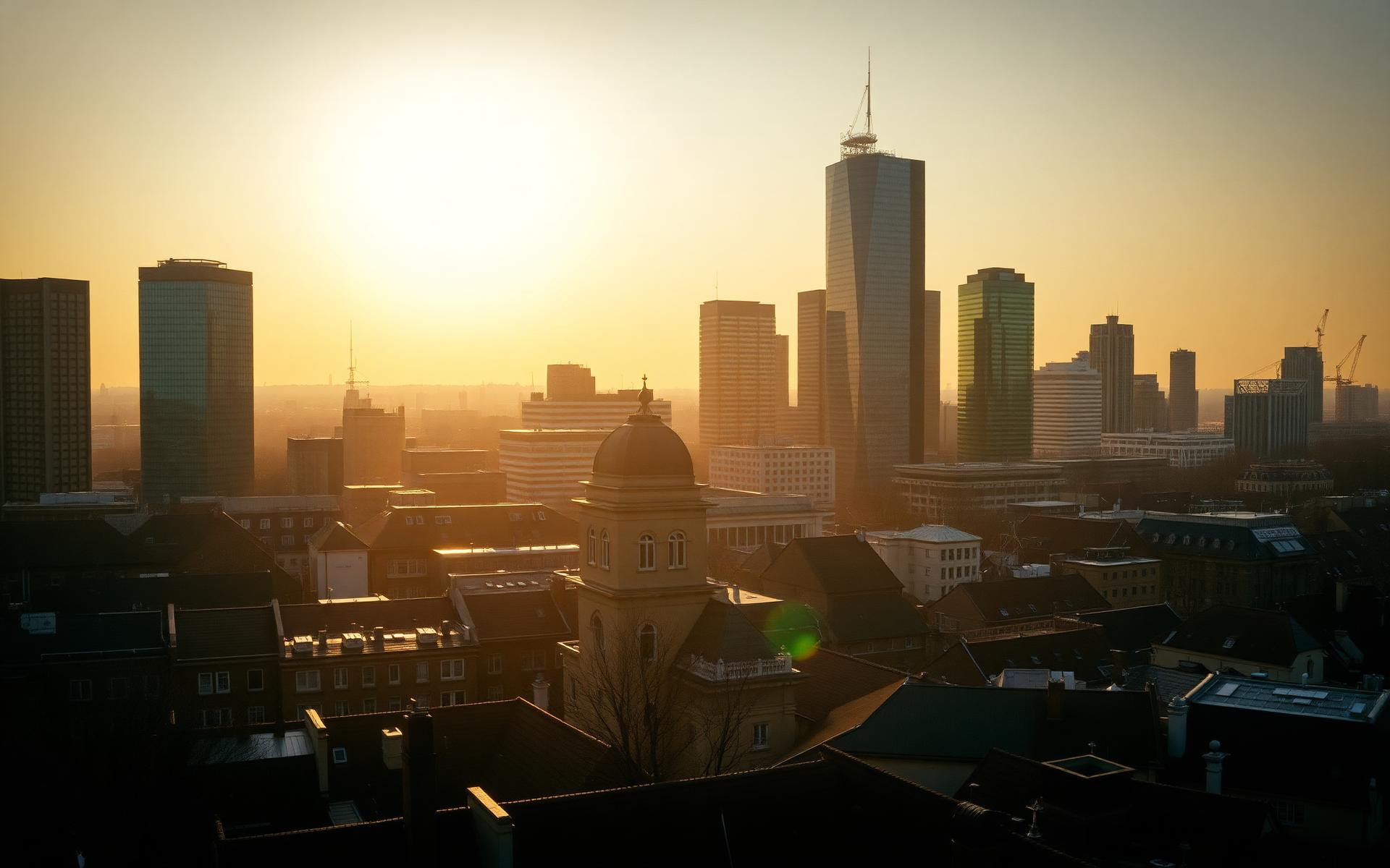 Skyline von Frankfurt am Main bei goldenem Abendlicht
